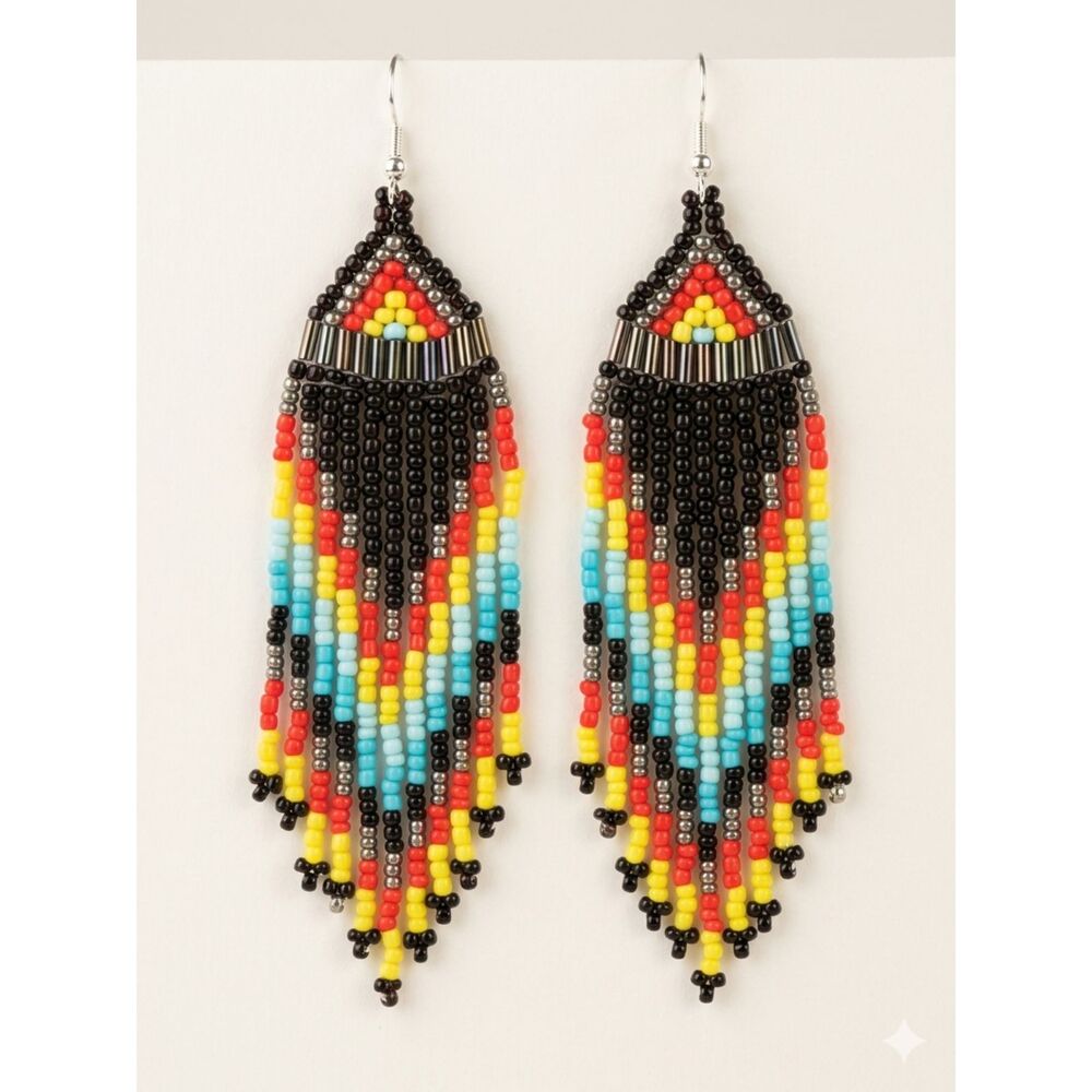 Native American Style Beaded Fringe Earrings Handcrafted Boho Colorful Tassel